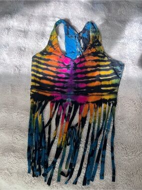 Multi-Color Tie-Dye Fringe Crop Tank Top